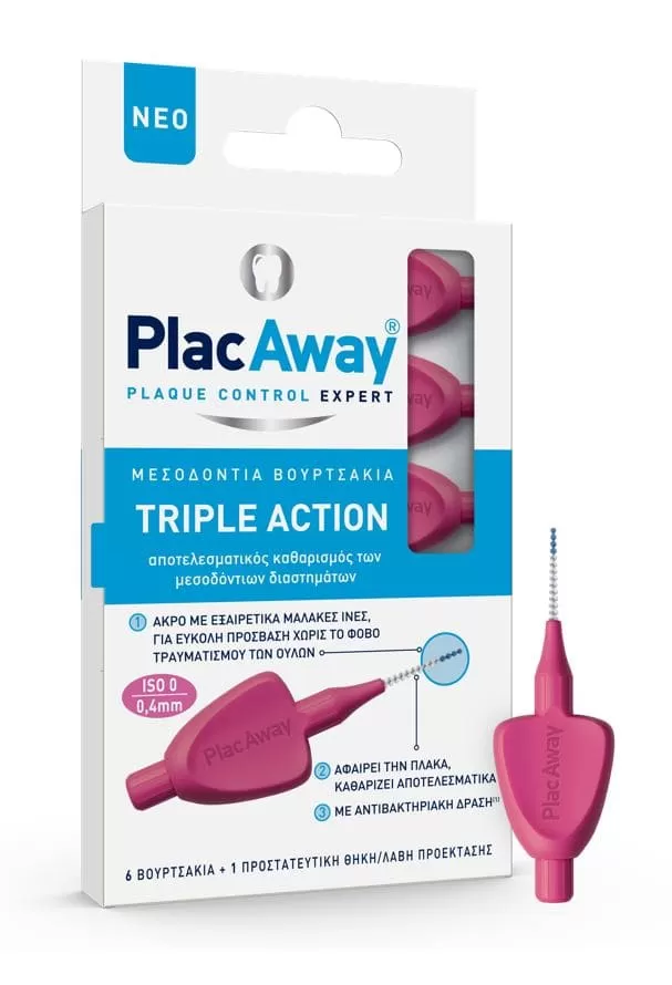 Plac Away Μεσοδόντιο Βουρτσάκι Triple Action 0.40mm Ροζ 6τεμ