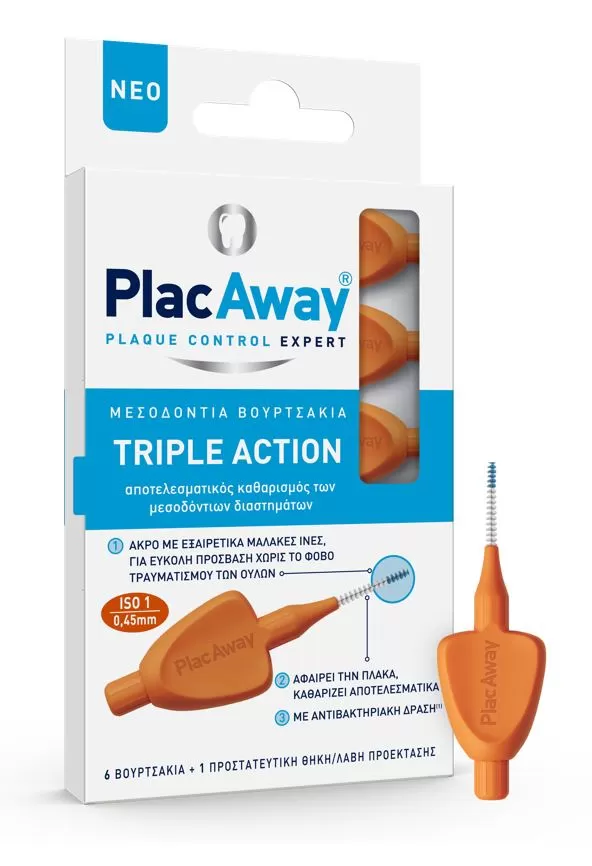 Plac Away Μεσοδόντιο Βουρτσάκι Triple Action 0.45mm Πορτοκαλί 6τεμ