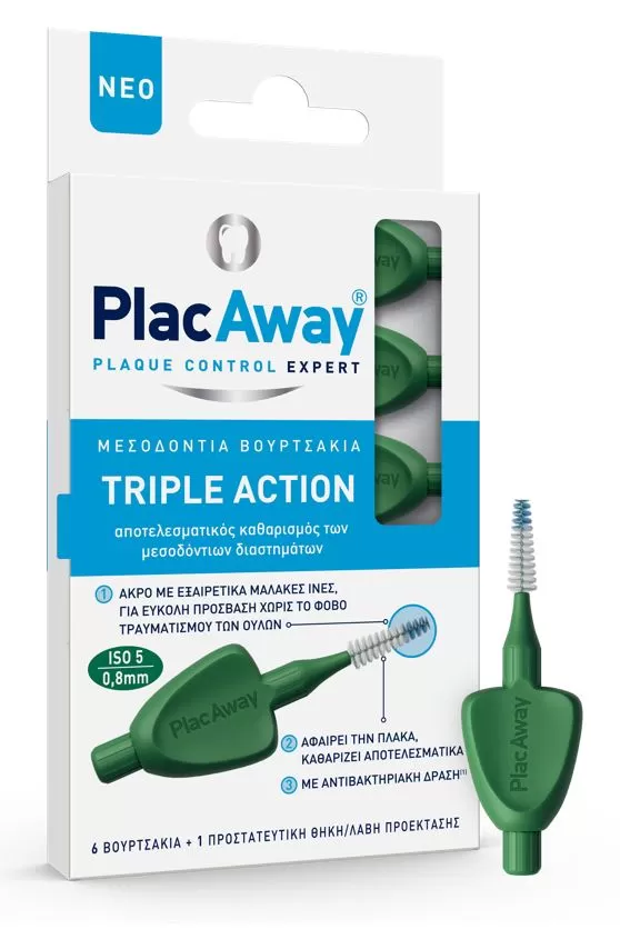 Plac Away Μεσοδόντιο Βουρτσάκι Triple Action 0.80mm Πράσινο 6τεμ